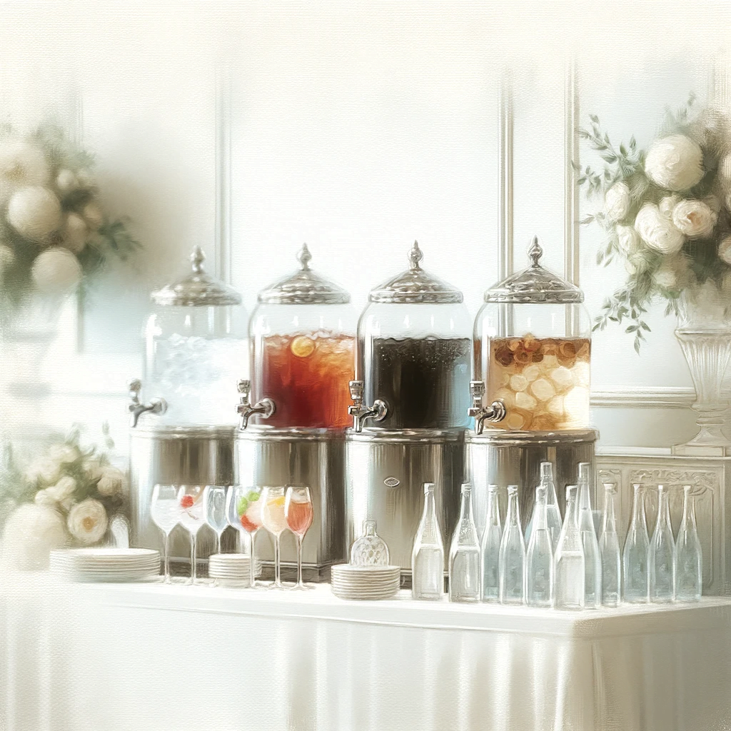 A simple and elegant wedding beverage station with a selection of gourmet sodas and flavored waters in elegant glass dispensers, set against a clean, uncluttered background with subtle floral decorations.