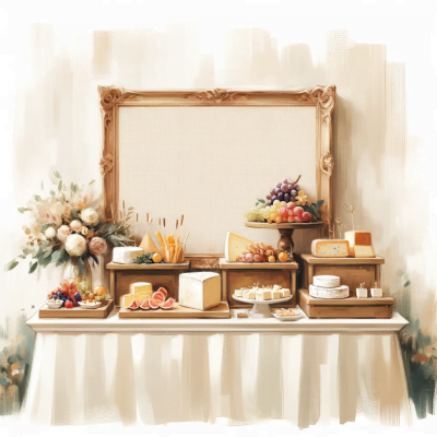 A cozy and minimalistic wedding food station featuring gourmet snacks such as cheeses and fruits, presented elegantly with an uncomplicated background, highlighting the intimate and refined nature of the wedding.