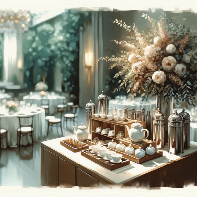 An elegant and minimalistic gourmet tea bar at a wedding reception, with a variety of teapots and cups displayed tastefully. The background is uncluttered, emphasizing the tranquil and sophisticated ambiance of the event.