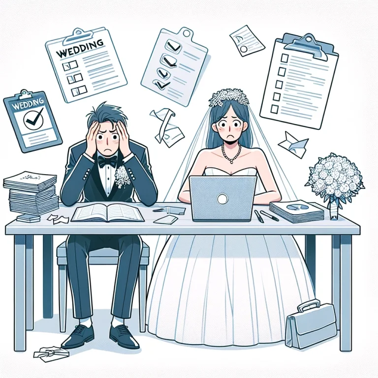 a bride and groom looking stressed at a table with a few key wedding planning items, effectively capturing their emotional state without a cluttered setting.