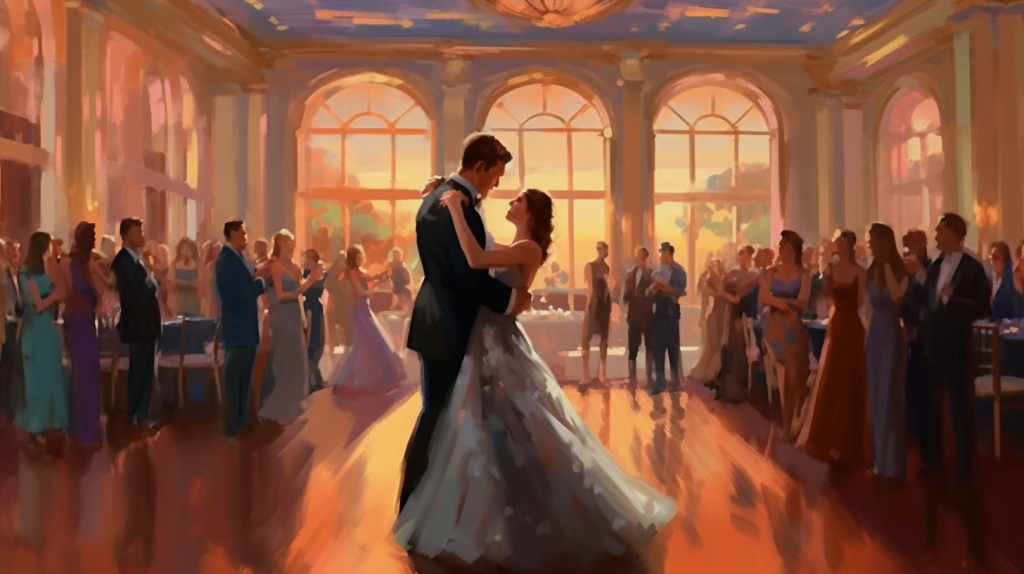 Painting of a bride and groom having their first dance