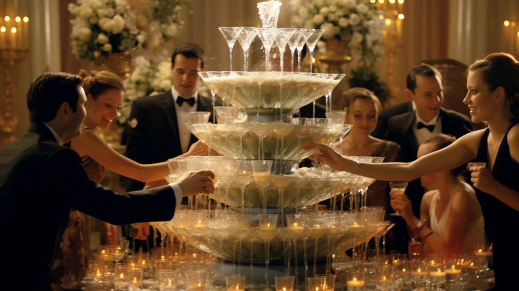 Guests at a wedding reception surrounding a large champagne fountain. 