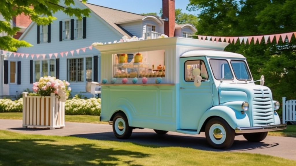 Cute, Vintage pastel blue ice cream truck parked out front of a beautiful building. 