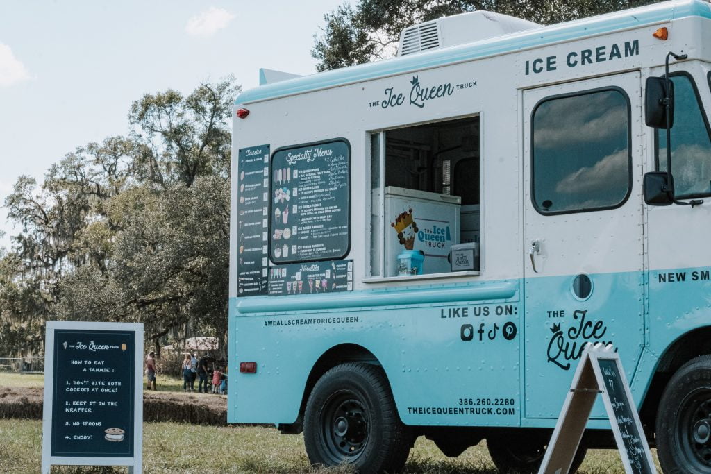Photo of a cute, pastel blue, ice cream truck.