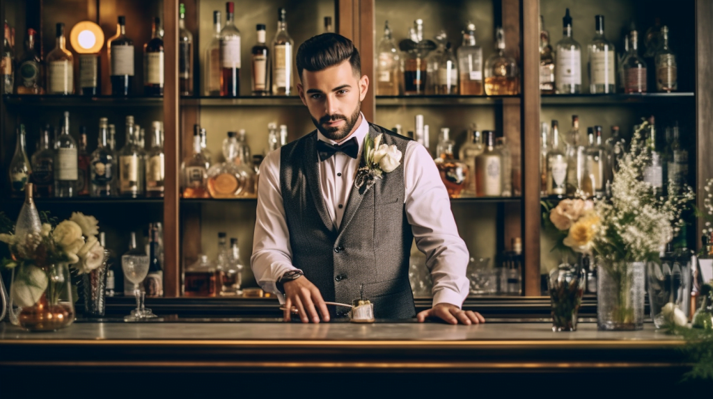 Bartender dressed in a tuxedo, standing behind a bar ready to mix up some custom cocktails.