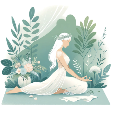 A bride practicing yoga in a garden, representing self-care and stress relief.