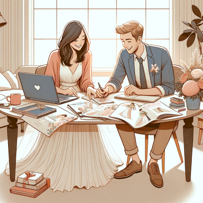 A couple working together on their wedding plans, highlighting teamwork and shared responsibility.