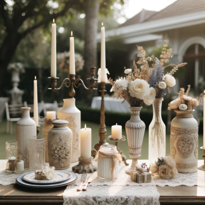 Selection of antique vases and candleholders on a lace tablecloth. Outdoors.