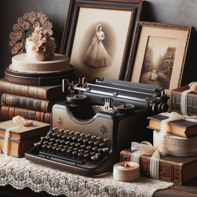 Vintage typewriter on a side table surrounded by old books and photos