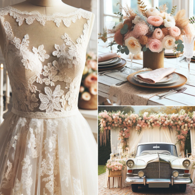 Vintage wedding items including a wedding dress, floral centerpiece and a vintage car. 