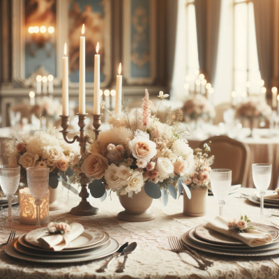 Vintage wedding dinner table showcasing a beautiful floral centerpiece.